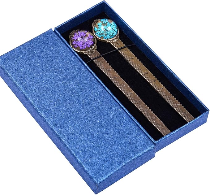 Wisdompro 2 Pcs Metal Bookmark, Retro Vintage Bronze Book Mark Ruler with Dried Flower, Packaged in a Gift Box - an Ideal Gift for Kids, Students, Teachers, Book Lovers - Blue & Purple