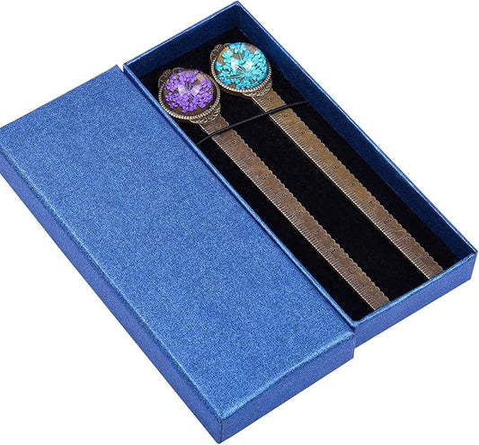Wisdompro 2 Pcs Metal Bookmark, Retro Vintage Bronze Book Mark Ruler with Dried Flower, Packaged in a Gift Box - an Ideal Gift for Kids, Students, Teachers, Book Lovers - Blue & Purple