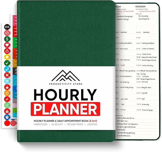 Hourly Planner & Appointment Book (8.5” x 11”) - Premium Hourly Planner with Daily Schedule & 30-Minute Time Slots for Better Time Management by PRODUCTIVITY STORE (A4, Green)