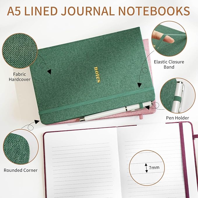 A5 Lined Journal Notebook – Hardcover Fabric Cover 160 Pages 100 GSM Thick Paper With Elastic Band & Pen Holder College Ruled Writing Notebooks for Work School Travel Purplishred