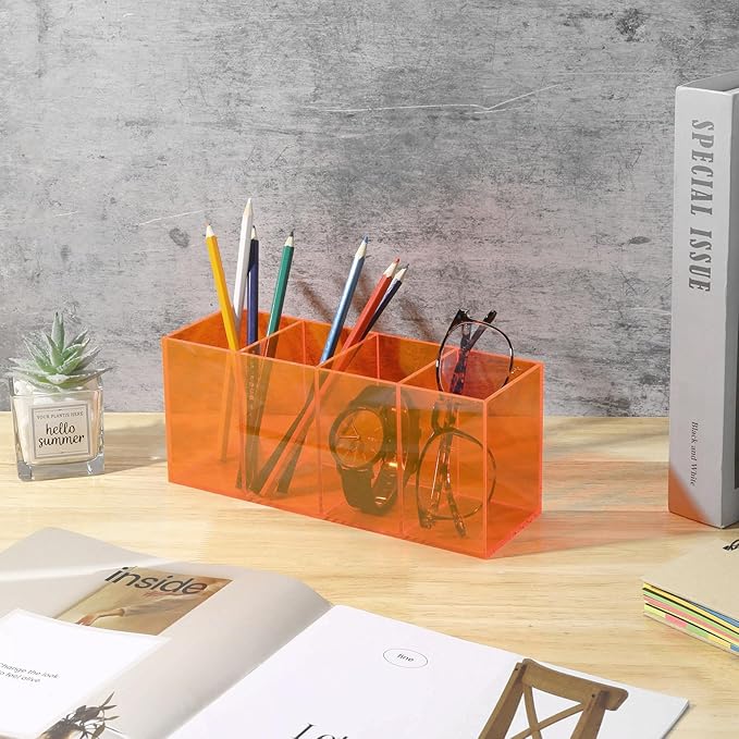 Pen Holder for Desk Neon Acrylic Pencil Holder Cup Makeup Brush Storage Organizer for Vanity, Neon Orange