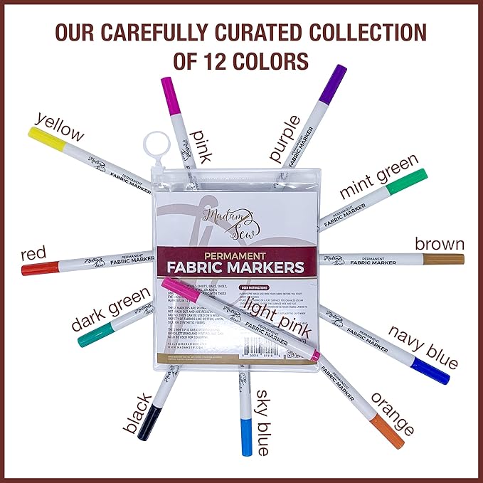 Madam Sew Fabric Markers – Set of 12 Permanent Fabric Marker Set for Clothes, Crafts, Shoes & Canvas – No Bleed, Fine Tip, Non Toxic Pens for DIY & Laundry Marking