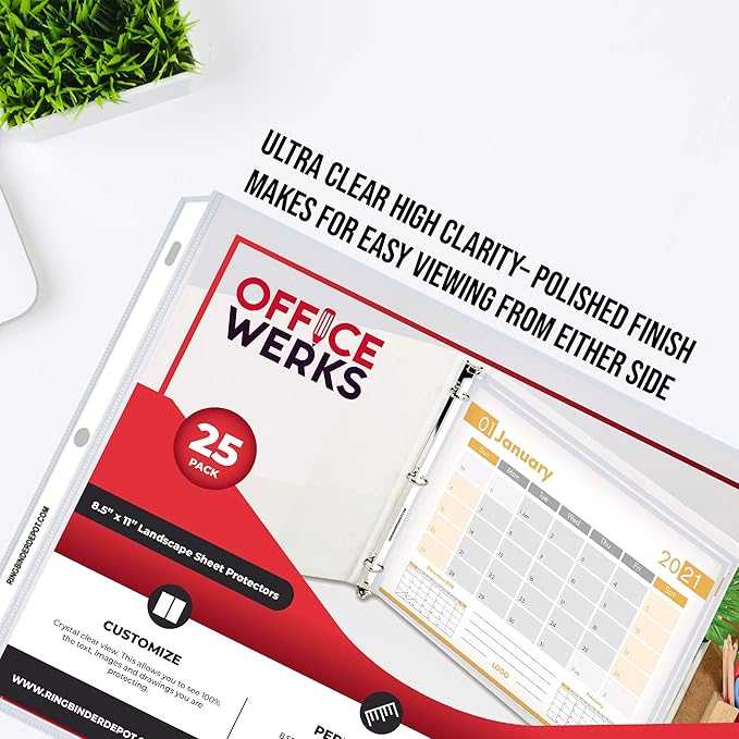 Performore 25 Sheet Protectors, Landscape Clear Sheet Protectors 8.5 X 11 Inch for 3 Ring Binder, Plastic Sheet Sleeves, Top Loading with 3 Hole-Punched Archival Safe, Non-Stick and Long-Lasting