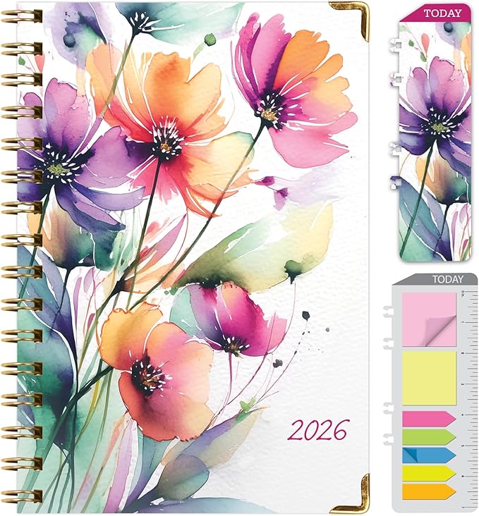HARDCOVER 2026 Planner, 5.5"x8": 14 Months (November 2025 - December 2026), Daily Weekly Monthly Planner, Yearly Agenda, Bookmark, Pocket Folder and Sticky Note Set (Rainbow Floral)
