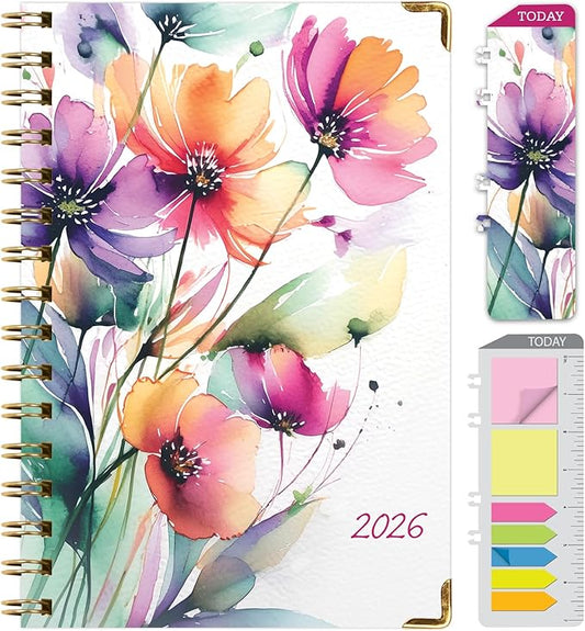 HARDCOVER 2026 Planner, 5.5"x8": 14 Months (November 2025 - December 2026), Daily Weekly Monthly Planner, Yearly Agenda, Bookmark, Pocket Folder and Sticky Note Set (Rainbow Floral)