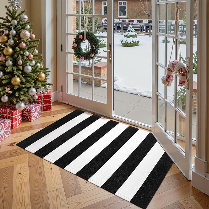 Collive Black and White Outdoor Striped Rug 27.5"x 43", Washable Front Porch Rug Layered Christmas Door Mats, Cotton Woven Farmhouse Christmas Decor for Welcome Mat Kitchen Entryway