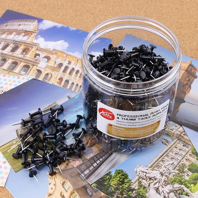 Yalis Black Push Pins 600 Count, Standard Dark Thumb Tacks for Corkboard Bulletin Board