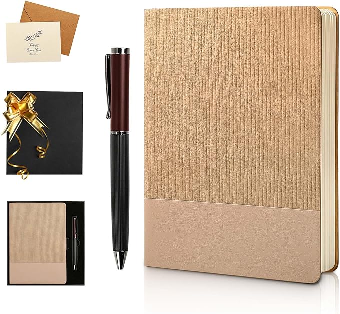 TSFPapier A5 Lined Notebook with Pen & Gift Box 216 Pages PU Leather Journals for Women Men 100GSM Thick Paper College Ruled Notebook for School,Travel,Business,Work,Home Writing (Khaki)