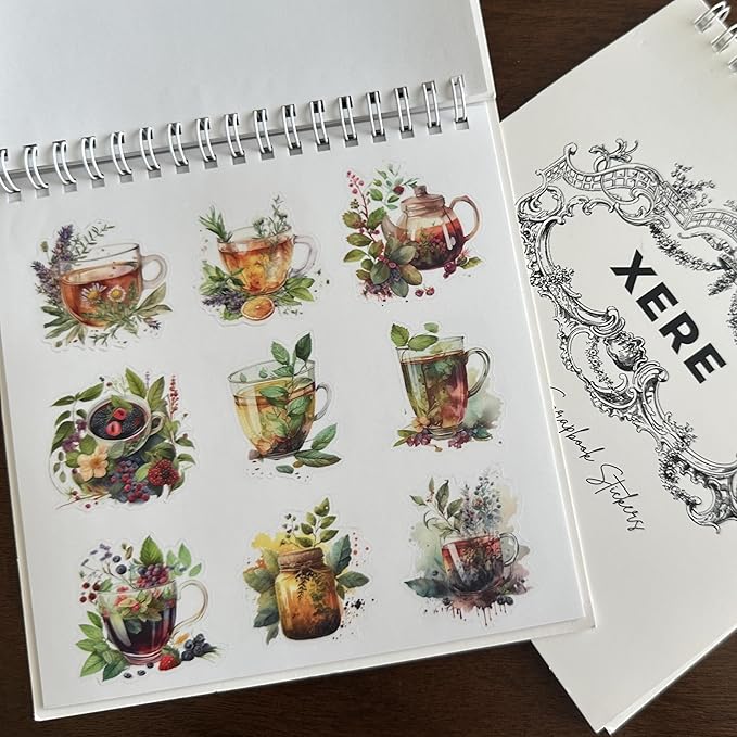 XERE 144 Pcs Tea Sets Four Seasons Sticker Book for Journaling Notebooks, Sketchbook, Bookmark Making, Junk Journal, Budget Planner, Scrapbook Art Supplies Stickers