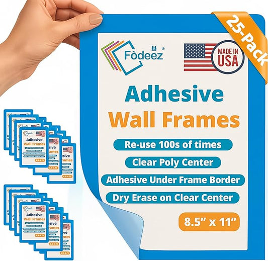 8.5 x 11 Adhesive Wall Frames - Peel & Stick Picture Frames, Wall Sign Holder, Paper & Letter Protector Sheets, Reusable Picture Frame, Dry Erase, Non Magnetic & Non Acryclic - Blue, Pack of 25