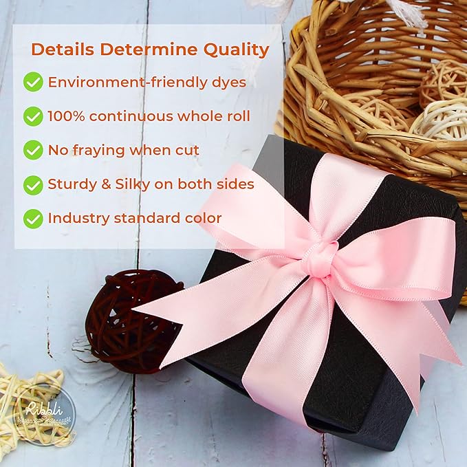 Ribbli Double Faced Light Pink Baby Pink Satin Ribbon,1” x Continuous 25 Yards,Use for Bows Bouquet,Gift Wrapping,Baby Shower,Floral Arrangement