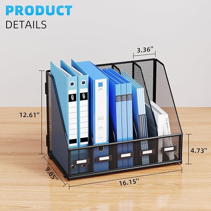Marbrasse Desk File Organizer with 5 Vertical Compartments Mesh Magazine File Holder for Office, Home, School