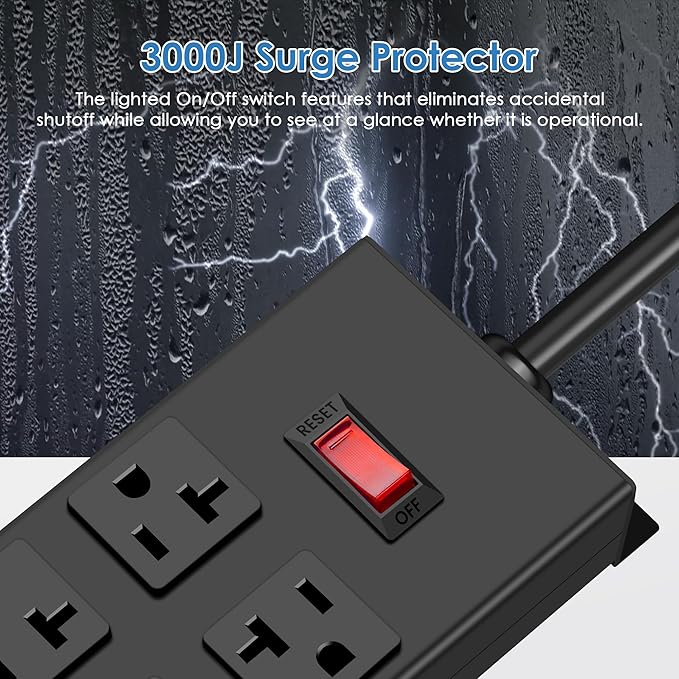 JUNNUJ Heavy Duty 20 Amp Power Strip, Garage 16 Outlets Metal 12 Gauge Surge Protector 3000J, High Amp 5-15P Adapter Shop 6-20R T-Slot Industrial Outlets (16AC, 4FT)