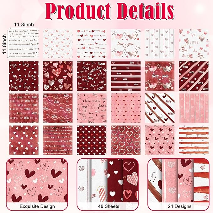 48Pcs Heart Pink Scrapbook Paper Pad, 12x12 Inch Watercolor Love Decorative Craft Paper for Junk Journal Supplies, DIY Cards, and Photo Albums, Aesthetic Craft Supplies for Kids and Adults