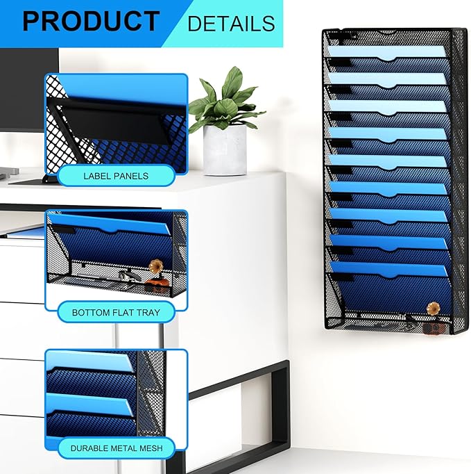 Hanging Wall File Organizer 10 Tier Wall Mounted File Holder Document Wall Organizer Magazine Organization for Office Home, Black