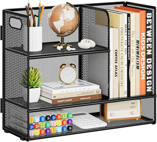 Marbrasse 2-Tier Desk Shelf Organizer with Handle, Desktop Bookshelf File Holder, Mesh Display Shelf Organizer Storage Rack for Office, Home, Supplies, Kitchen (Black)