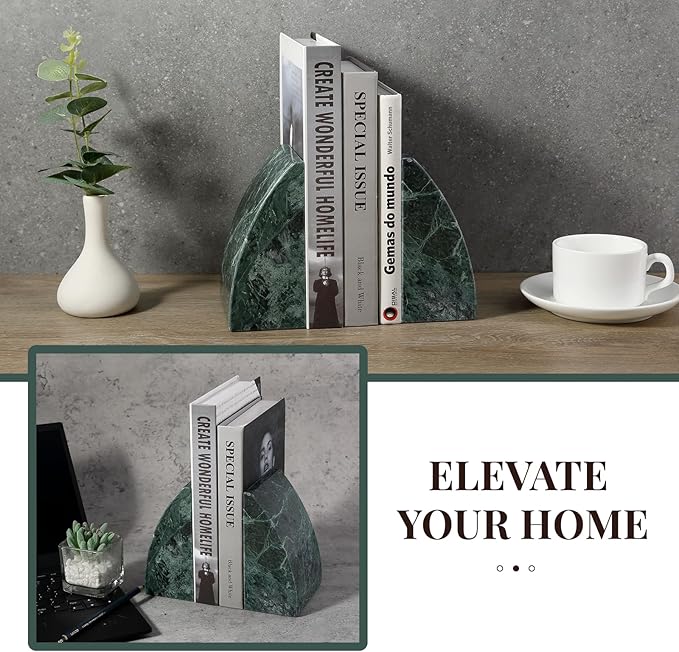 Koville Marble Bookends for Shelves, 8Lbs Large Stone Bookends for Heavy Books, Non-Slip Heavy Duty Book Stopper, Modern Decorative Book Ends for Bookshelf Table Home Decor(Green)