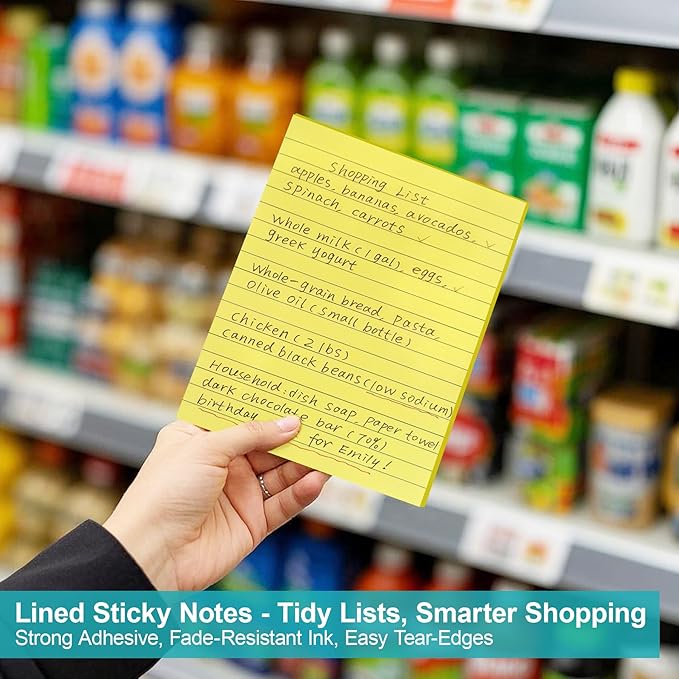 8 Pads Lined Sticky Notes 4x6 inch Self-Stick Notes Bright Colors Sticky Note for Office Home School
