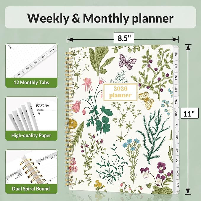 SUNEE Planner 2026 Weekly and Monthly, January 2026-December 2026, 8.5"x11", Tabs, Note Pages,Spiral Binding, Flora