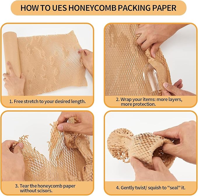Honeycomb Packing Paper, HONSREO 15in x 300ft Eco Friendly Recyclable Cushioning Material, Bubble Wrap for Moving Shipping Breakable Supplies with 20 Fragile Sticker Lables (Brown)