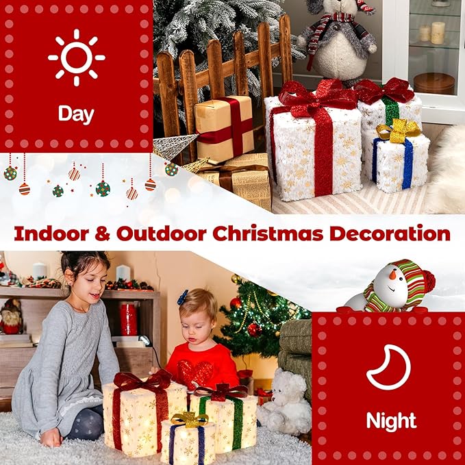 Tangkula Set of 3 Christmas Lighted Gift Boxes, Pre-lit Christmas Decoration with 48 Bright Warm Lights, Plush Boxes Decoration with Bows, Indoor Outdoor Present Boxes Ornament for Home Yard Holiday