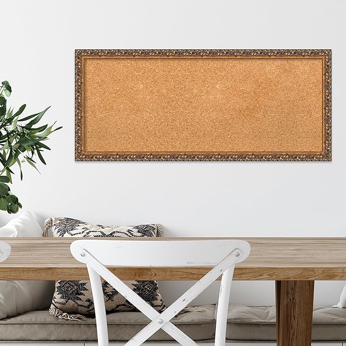 Amanti Art Natural Cork Board for Wall, 14x32 Vision Board with Bronze Frame, Medium Corkboard Office Decor for Home Organization, Traditional Corkboard Pinboard to Display Items for Home