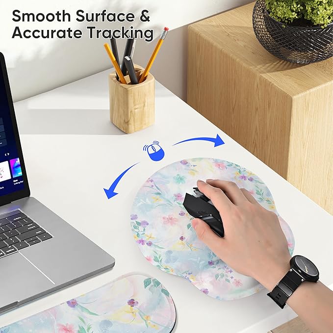 Ergonomic Keyboard Mouse Pad Wrist Rest Support Set for Laptop/Computer/Desktop,Memory Foam Hand Rest Wrist Cushion for Gaming/Office,Lightweight Comfortable & Pain Relief (Colorful Flowers)