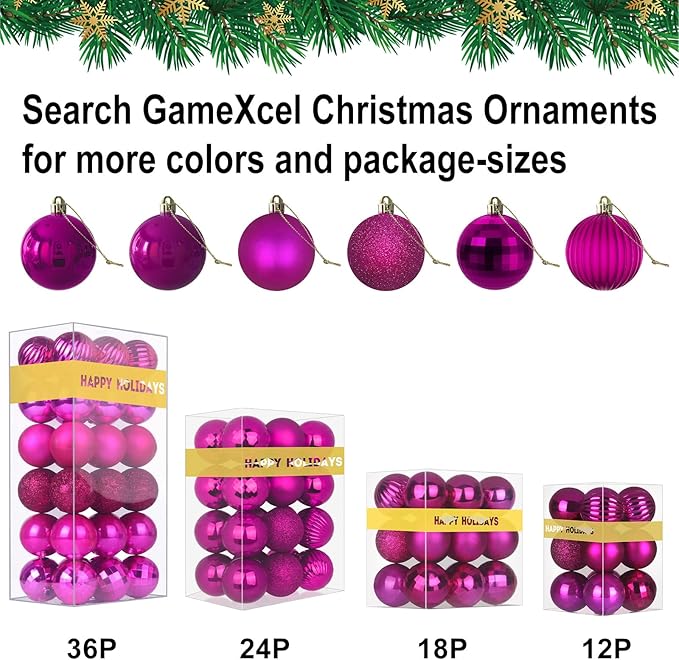 Fuchsia 2.5" Christmas Balls Christmas Tree Decoration Ornaments Shatterproof Hanging Balls for Birthday Halloween Holiday Wedding Decorations Set of 18pcs