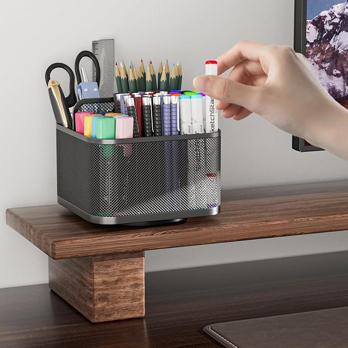 LUCYCAZ 360 Rotating Metal Pencil Pen Holder for Desk, Rotating Pencil Cup with 5 Slots, Dual-Purpose Desk Pen Organizer for Office, School, Home, Square