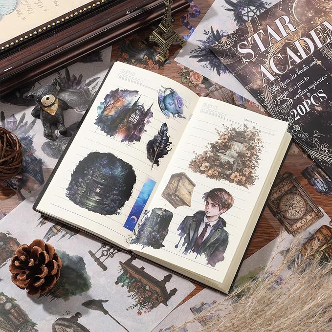 Fantasy Scrapbook Stickers 20 Sheets 240 Pre-Cut Magic Washi Stickers for Journaling PET Transparent Book Sticker Decorative or DIY Paper Crafts, Arts and Crafting Projects