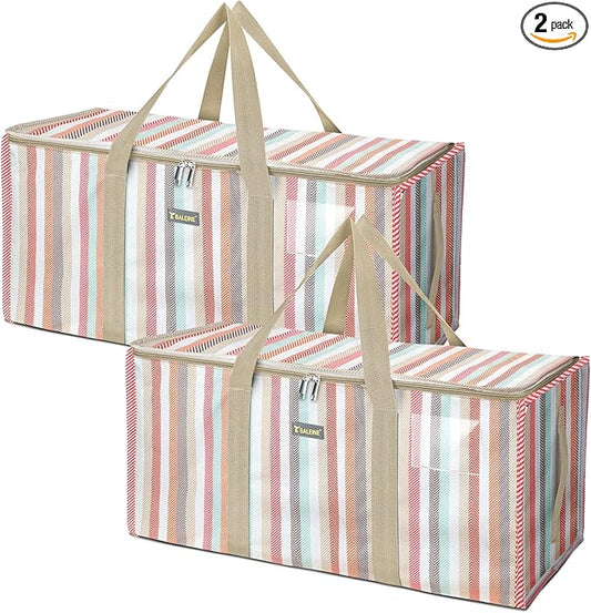 BALEINE Extra Large Storage Tote with Zippers & Carrying Handles, Heavy-Duty Oxford Fabric Moving Bags for Laundry, Space Saving, Storage, 2-Pack, Color Stripe