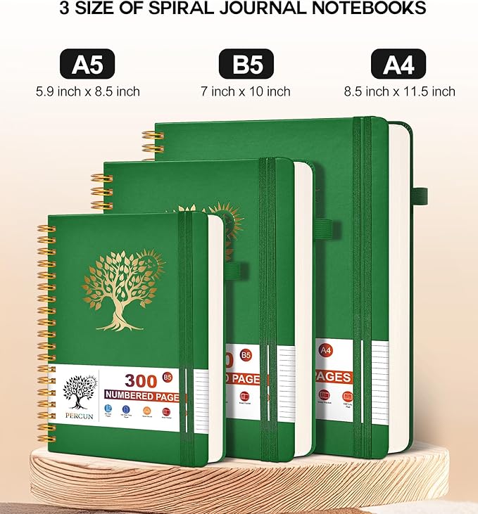 Large Spiral Notebook Journal for Women Men - 300 Numbered Lined Pages, College Ruled, A4 Hardcover Spiral Bound Notebook for School, Work, Note Taking, Writing, Leather Spiral Journal 8.5"x11"