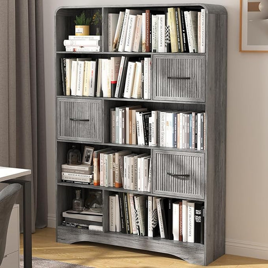 70" Tall Book Shelf and Bookcase, Tall Bookshelf with Storage, 48" Wide Modern Bookcase with Drawers Adjustable 3 Bins Storage, Large Bookshelf Wood 13" Deep Display Shelves for Living Room, Grey