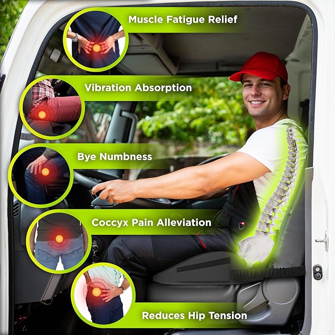 Large Truck Seat Cushion for Truck Driver Seat Cushion - Upgraded Back Support, CertiPUR-US® Certified - Thick Memory Foam, Pain Relief for Hours of Driving, Trucker Approved Big Rig - Black