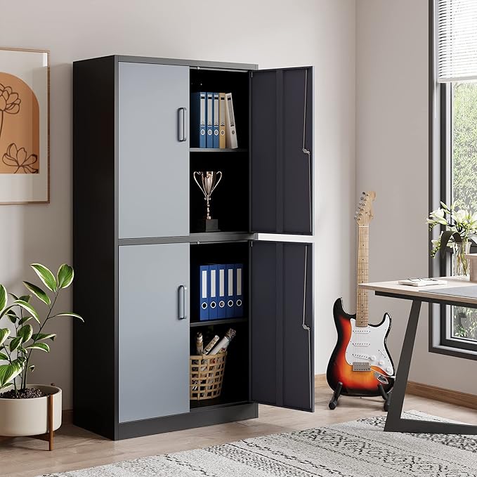 STANI Metal Storage Cabinet, Locking Steel Cabinet with 4 Doors and 2 Adjustable Shelves, 71'' Lockable File Tall for Home Office,Garage,School, Black&grey, (TSJ-BG)