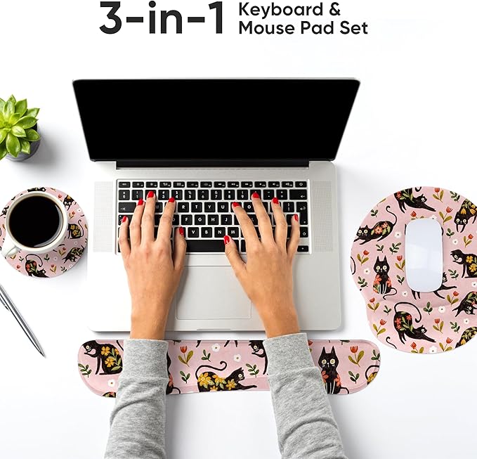 RICHEN 3 PCS Computer Mouse Pads for Desk with Coaster Set, Non-Slip Keyboard Wrist Rest and Mouse Pad Set, Ergonomic Design (YKMWR-51)