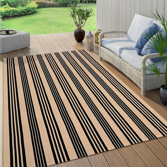 KIMODE Indoor Outdoor Rug 5'x7', Black and Khaki Striped Outdoor Rug,Reversible Washable Large Patio Rugs, Cotton Hand Woven Farmhouse Indoor Area Rug Floor Carpet for Backyard Living Room