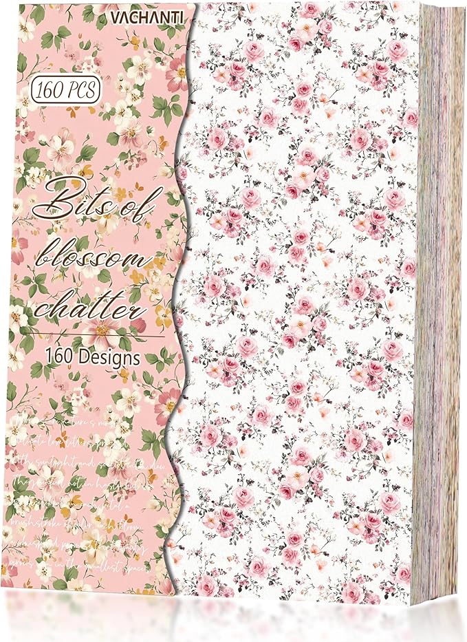 160 Sheets Vintage Flower Scrapbook Paper Purple Pink Flowers with Cursive Script No Repeating Patterns Perfect for Junk Journal DIY Cards Craft Albums Scrapbooking Supplies (Pink, 3.9 x 5.5 inches)