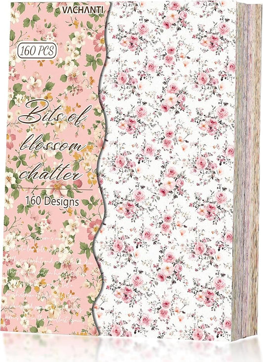 160 Sheets Vintage Flower Scrapbook Paper Purple Pink Flowers with Cursive Script No Repeating Patterns Perfect for Junk Journal DIY Cards Craft Albums Scrapbooking Supplies (Pink, 3.9 x 5.5 inches)