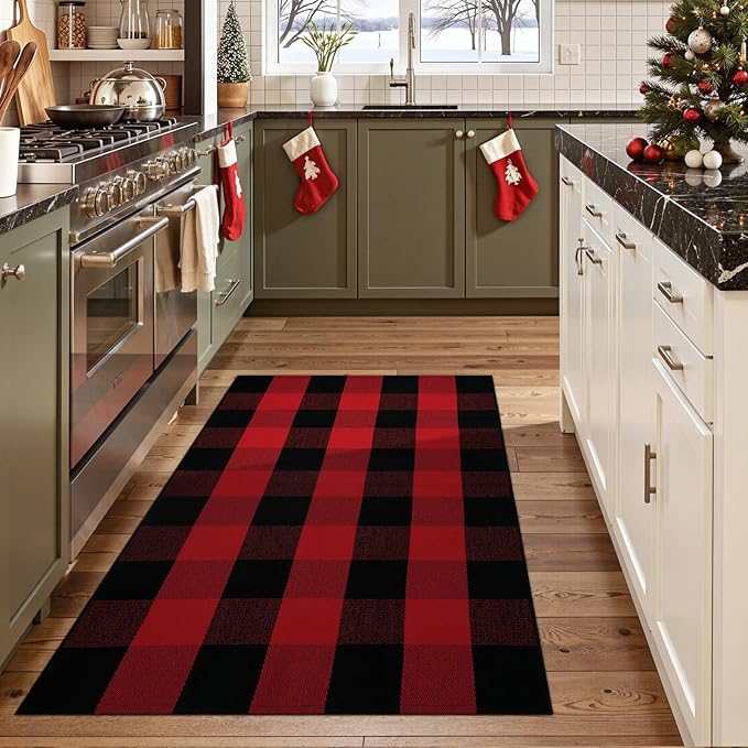 OJIA Christmas Outdoor Rug 3'x5', Red Plaid Front Door Mat Outdoor Area Rug Washable Cotton Outside Door Mats Layered Doormats Cotton Floor Carpet for Porch/Patio/Farmhouse/Entryway/Kitchen/Foyer