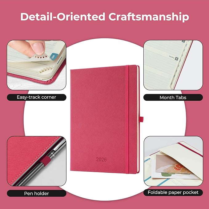 Weekly Monthly 2026 Planner (Jan.26-Dec.26),11.5"x8.5",12 Months Agenda Plan with Month Tabs & Pocket,Expenses/Note Pages, Appointment Book Calendar with Vegan Leather Cover,Rose Red