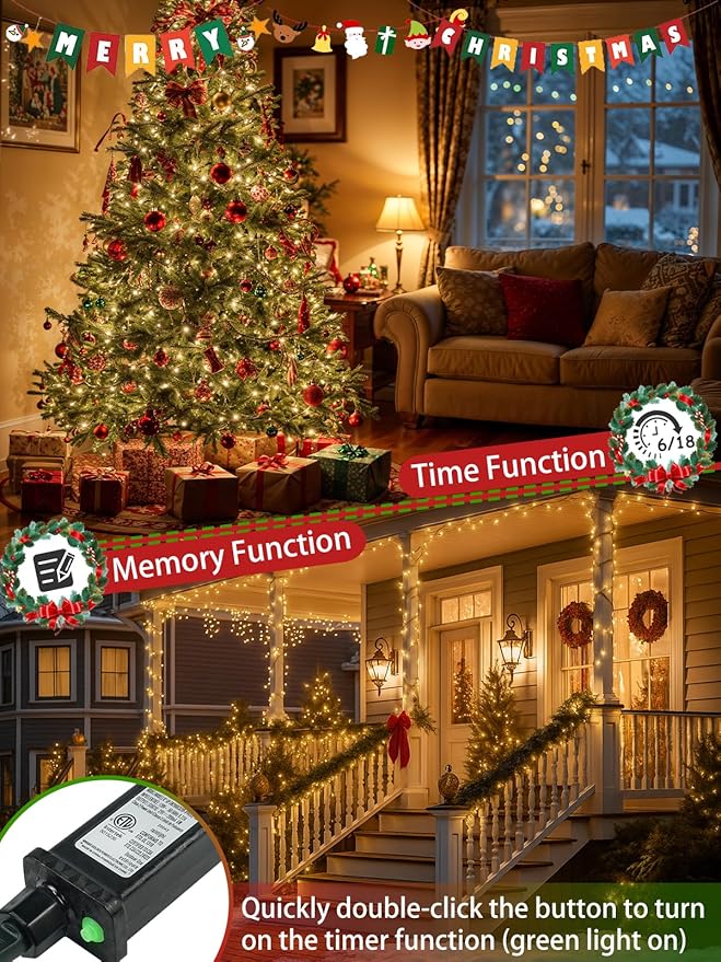 2-Pack 66FT 200 LED Christmas Lights, 13 Modes Extendable Christmas Tree Lights with Timer & Memory, Waterproof Twinkle Fairy Lights Green Wire Outdoor String Lights Indoor for Xmas Tree (Warm White)