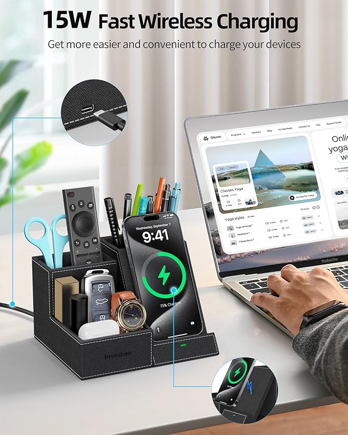 Wireless Charger with Desk Organizer, Pen Pencil Holder, Multifunctional Desktop Organizer, Office Supplies and Desk Accessories Organizer with 3 Compartments and 1 Phone Stand