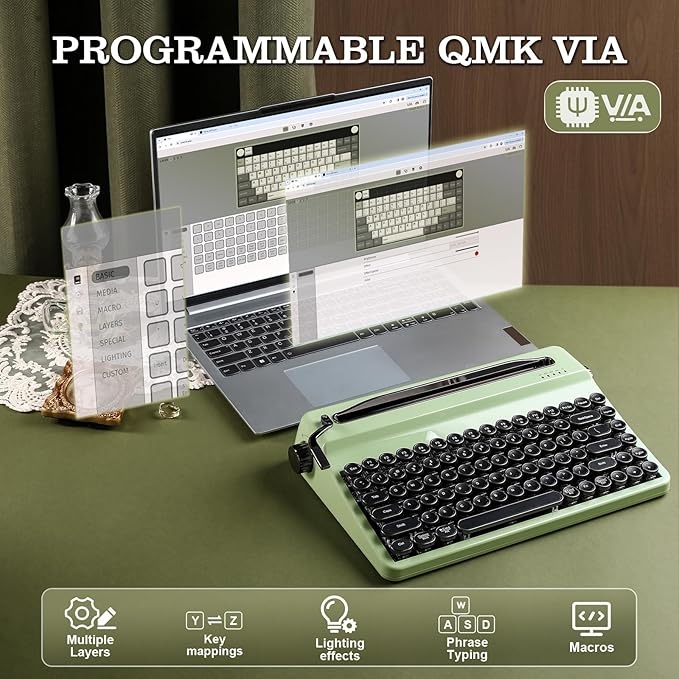 YUNZII QL75 Wireless Typewriter Hot Swap Retro Mechanical Keyboard,Punk Round Keycaps,RGB Backlit QMK/VIA Programmable, Multi-Device Keyboard with 2.4GHz/Type-C/BT5.0 (Green, Cocoa Cream V2 Switch)