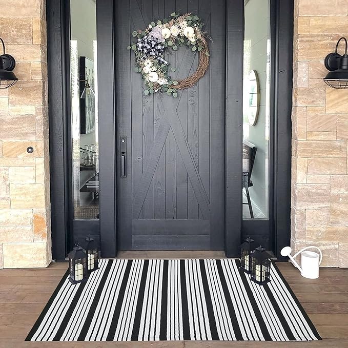 CAINANEL Black and White Striped Outdoor Rug 27.5'' x 43'' Front Door Mat Handwoven Cotton Indoor/Outdoor for Layered Door Mats,Welcome Door Mat, Front Porch,Farmhouse,Entry Way