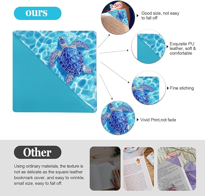 Sea Turtle Corner Bookmarks 4 Pcs, Funny Leather Book Accessories for Book Lovers, Cute Reading Book Page Markers for Women Men Girls Boys Kids Student Teacher Retirement Birthday Gifts