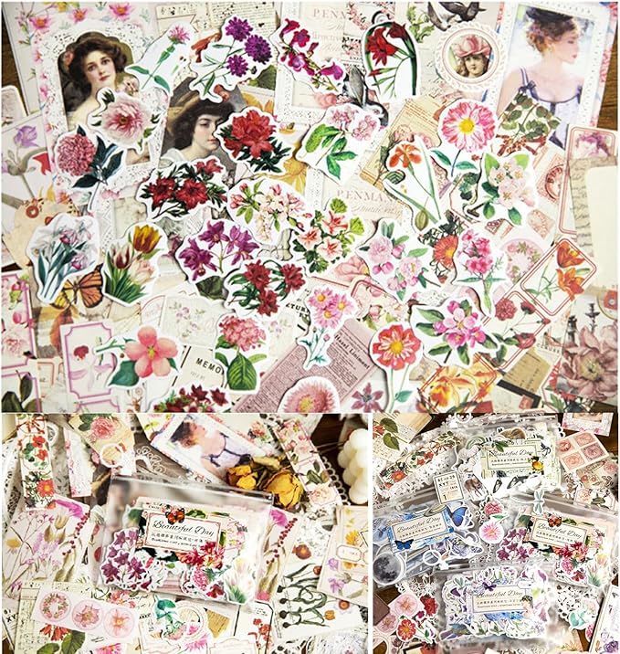200PCS Vintage Scrapbooking Supplies Pack, Aesthetic Scrapbook Sticker Paper Art Journaling Kit for Bullet Junk Journals,Planner,Cottagecore Decor Gifts (Pink Series)