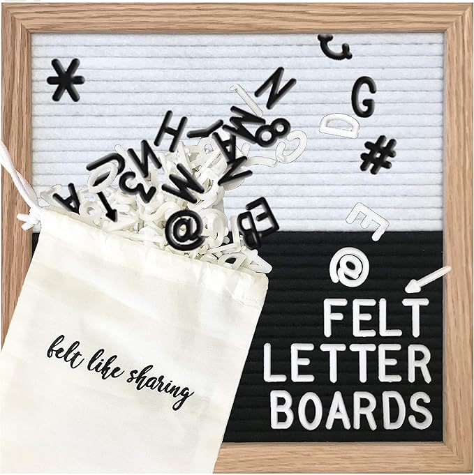 Felt Like Sharing Square Letter Board (Black and White Felt - 10”x10”) – Changeable Message Board w/3 Sets of Felt Board Letters – Statement Wall Sign for Quotes, Home or Holiday Decor In Oak Frame