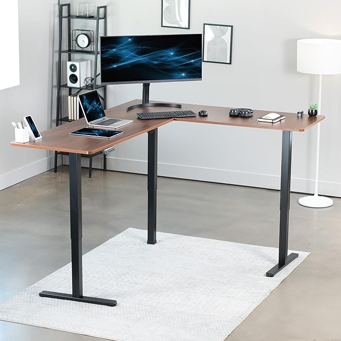 VIVO Electric Corner L-Shaped 75 x 63 in Standing Desk, Memory Height Adjustment, Dark Walnut Top Black Frame, DESK-E3CTD-75