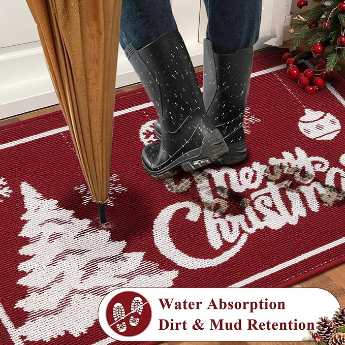 Christmas Doormat with Non Slip, Loop Pile Red and White Indoor Christmas Welcome Mat with Absorbent & Dirt-Trapping, Outdoor Christmas Tree Door Mat Front Porch Decor 32x48 Inch